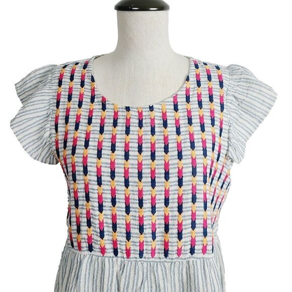 Savanna Jane Top S Gray Stripe Multicolor Embroidery Peplum Ruffle Sleeve Blouse - Picture 2 of 8